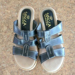 Sbicca Platform Slide Sandal Women's Size 7 Leather Straps Faux Wood USA Made